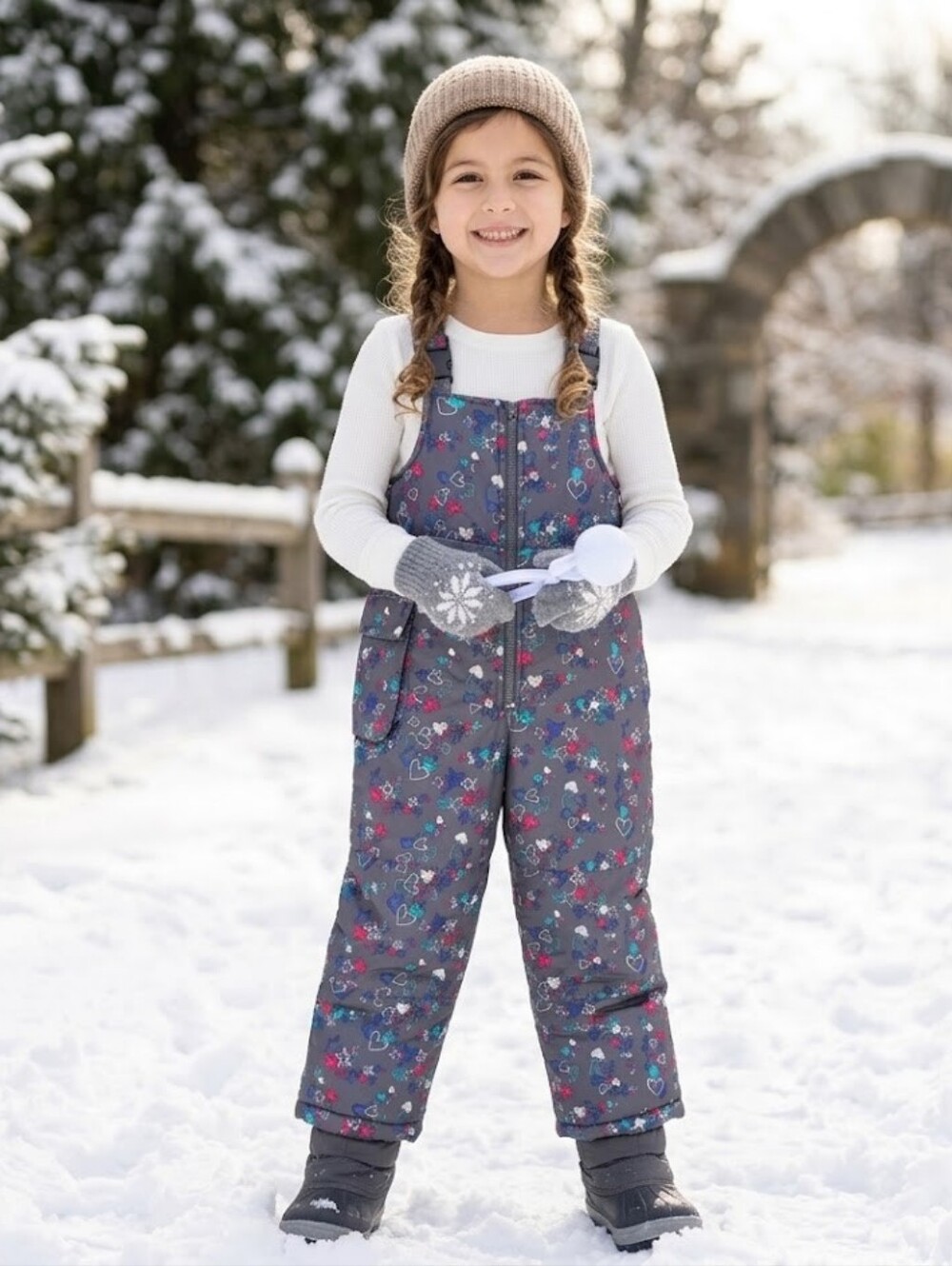 London Fog Gray Snow Bib Overalls with Colorful Hearts & Stars